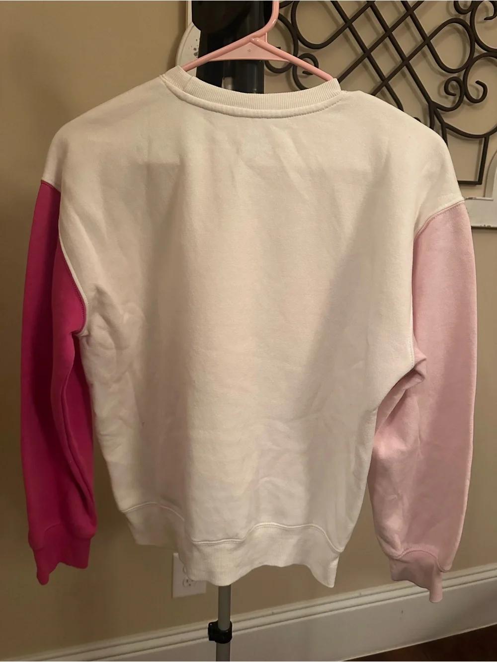 Ford White Sweatshirt with Pink Mustang Graphic and Two-Tone Pink Sleeves
